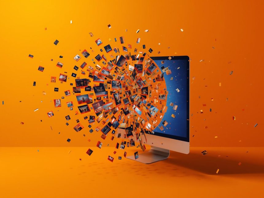 Marketer surrounded by glowing social media icons and content pieces symbolizing how content atomization maximizes reach across platforms in 2025.