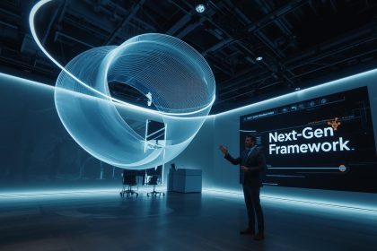 A digital marketer interacting with HubSpot’s “The Loop” framework—showing the continuous process of Express, Tailor, Amplify, and Evolve—symbolizing AI-driven marketing growth cycles.