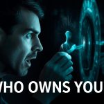 A person emotionally reacting to unlocking their self-sovereign identity in a Web3 environment, with vibrant blockchain visuals and digital trust elements.