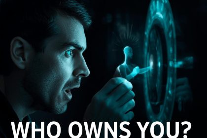 A person emotionally reacting to unlocking their self-sovereign identity in a Web3 environment, with vibrant blockchain visuals and digital trust elements.