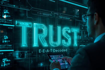 Marketer analyzing E-E-A-T signals—Experience, Expertise, Authoritativeness, and Trustworthiness—on a glowing dashboard, symbolizing Google’s 2025 content credibility model.