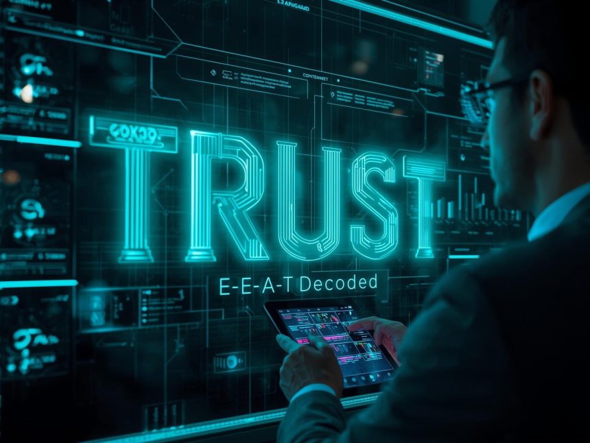 Marketer analyzing E-E-A-T signals—Experience, Expertise, Authoritativeness, and Trustworthiness—on a glowing dashboard, symbolizing Google’s 2025 content credibility model.