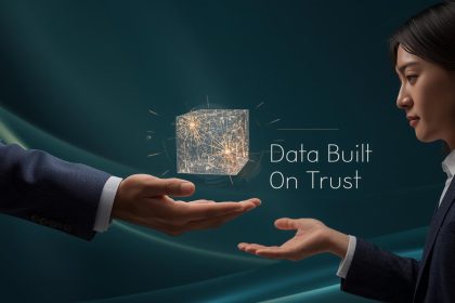 Human and AI collaborating over secure, high-quality data systems symbolizing ethics, data quality, and trust in AI-powered personalization for 2025.