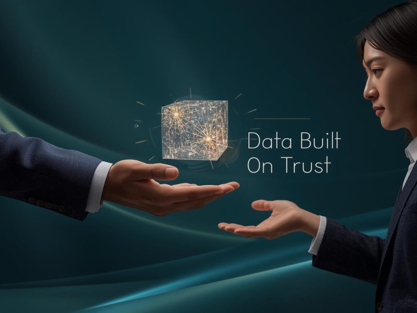 Human and AI collaborating over secure, high-quality data systems symbolizing ethics, data quality, and trust in AI-powered personalization for 2025.