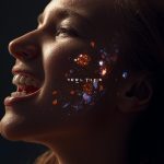 A person's face shows strong emotion, with glowing video elements projected onto their skin, subtly showing a brand.