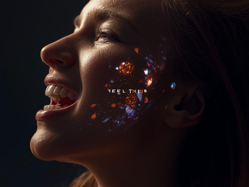 A person's face shows strong emotion, with glowing video elements projected onto their skin, subtly showing a brand.