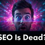 A person reacting emotionally to their brand being featured in an AI-generated search result, with vibrant colors and futuristic digital elements.