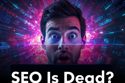 A person reacting emotionally to their brand being featured in an AI-generated search result, with vibrant colors and futuristic digital elements.