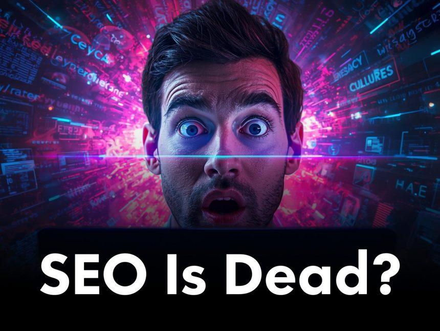 A person reacting emotionally to their brand being featured in an AI-generated search result, with vibrant colors and futuristic digital elements.