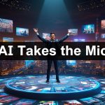 A marketer reacting emotionally to AI-generated content appearing on a screen in a dark, neon-lit room.