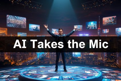 A marketer reacting emotionally to AI-generated content appearing on a screen in a dark, neon-lit room.