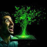 A person emotionally reacting to a sustainable blockchain network sprouting greenery from a digital interface, with vibrant eco-tech visuals.