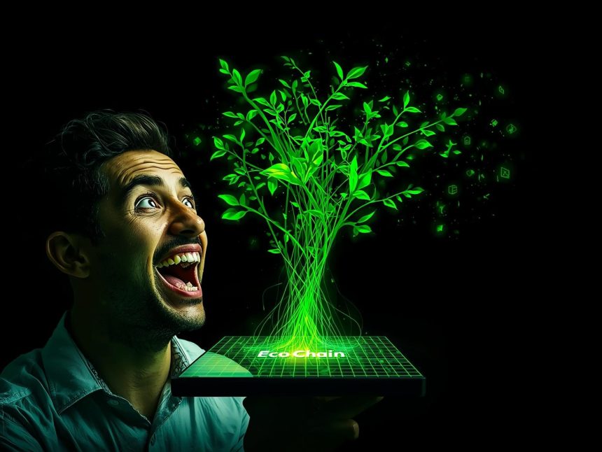 A person emotionally reacting to a sustainable blockchain network sprouting greenery from a digital interface, with vibrant eco-tech visuals.