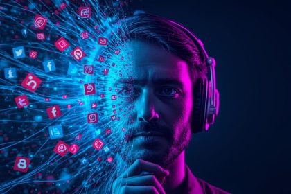 Human marketer collaborating with AI algorithm to create viral, authentic content through social listening and data-driven creativity in 2025.