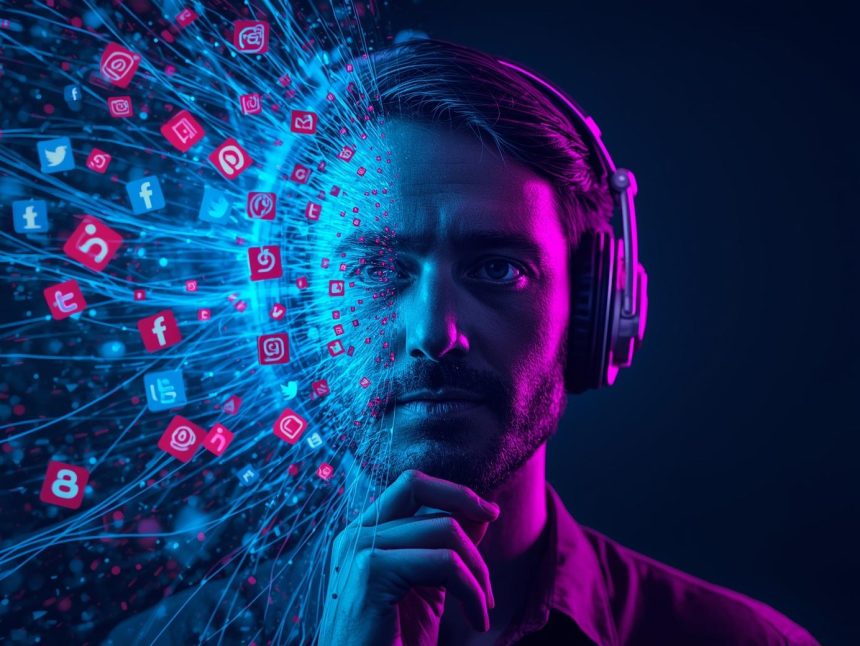 Human marketer collaborating with AI algorithm to create viral, authentic content through social listening and data-driven creativity in 2025.