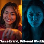 A customer reacts with delight as a holographic product tailored to their preferences emerges from their phone, surrounded by glowing data streams.