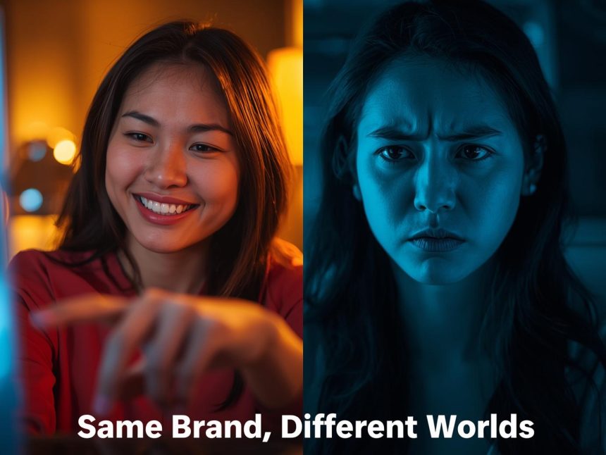 A customer reacts with delight as a holographic product tailored to their preferences emerges from their phone, surrounded by glowing data streams.