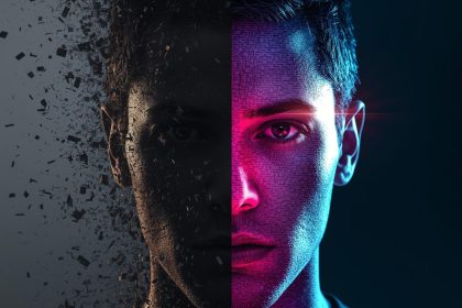 A split-face image showing one side fading into digital static and the other side glowing brightly in AI-driven search results, symbolizing the difference between invisibility and visibility in generative search.