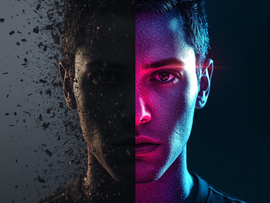 A split-face image showing one side fading into digital static and the other side glowing brightly in AI-driven search results, symbolizing the difference between invisibility and visibility in generative search.