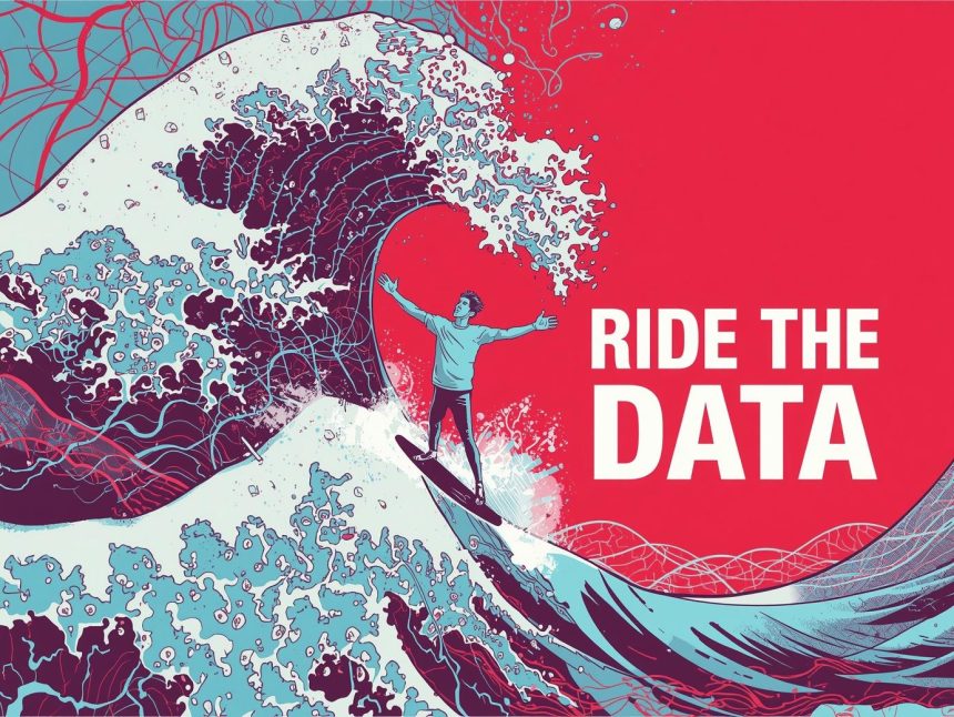 A marketer reacting to a glowing seasonal forecast dashboard, surrounded by predictive data visualizations.