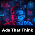 A marketer activating predictive ad targeting with glowing dashboards and customer data streams swirling around.