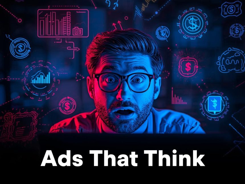 A marketer activating predictive ad targeting with glowing dashboards and customer data streams swirling around.