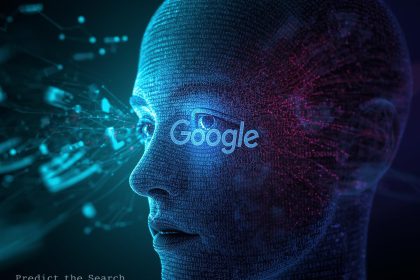 Futuristic AI-powered search interface predicting user intent before typing, representing the evolution of predictive SEO in 2025 and beyond.