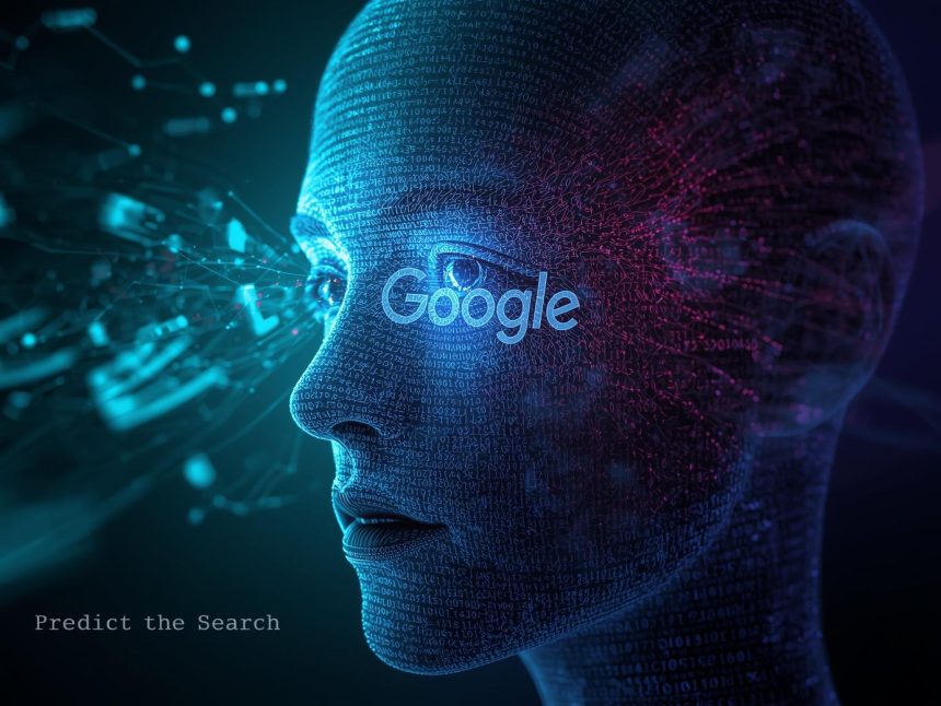 Futuristic AI-powered search interface predicting user intent before typing, representing the evolution of predictive SEO in 2025 and beyond.