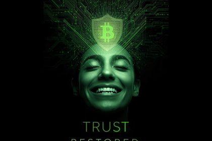 A person emotionally reacting to gaining control over their personal data through blockchain-powered privacy tools, with vibrant visuals and trust-focused design.