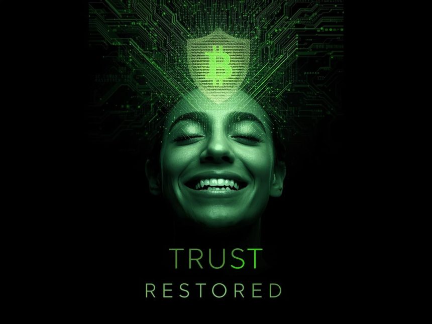 A person emotionally reacting to gaining control over their personal data through blockchain-powered privacy tools, with vibrant visuals and trust-focused design.