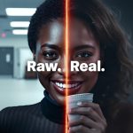 A split image contrasting a polished, fake ad with a grainy, authentic photo of a person enjoying a product.