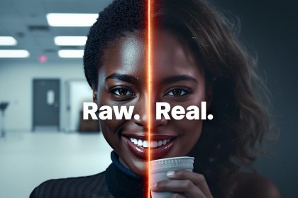 A split image contrasting a polished, fake ad with a grainy, authentic photo of a person enjoying a product.