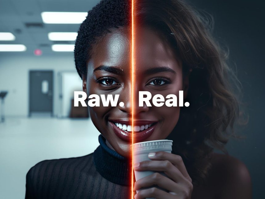 A split image contrasting a polished, fake ad with a grainy, authentic photo of a person enjoying a product.