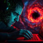 A half-human, half-digital writer’s face with glowing circuitry stares at a radiant laptop screen with “SCALE NOW” text, set against a swirling vortex background.