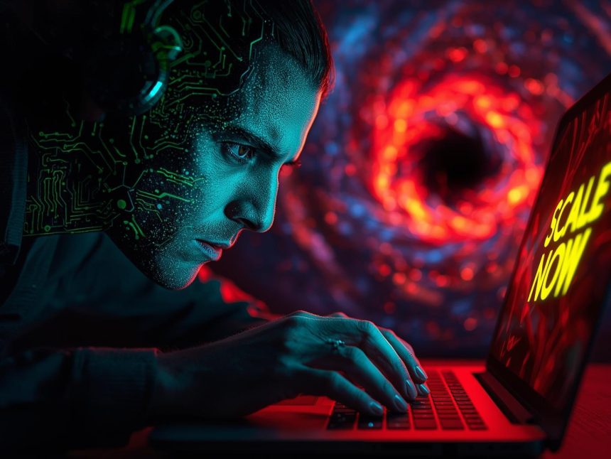 A half-human, half-digital writer’s face with glowing circuitry stares at a radiant laptop screen with “SCALE NOW” text, set against a swirling vortex background.