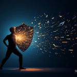 A figure holds a glowing shield made of social proof, deflecting dark shards of misinformation.