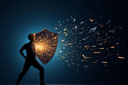 A figure holds a glowing shield made of social proof, deflecting dark shards of misinformation.