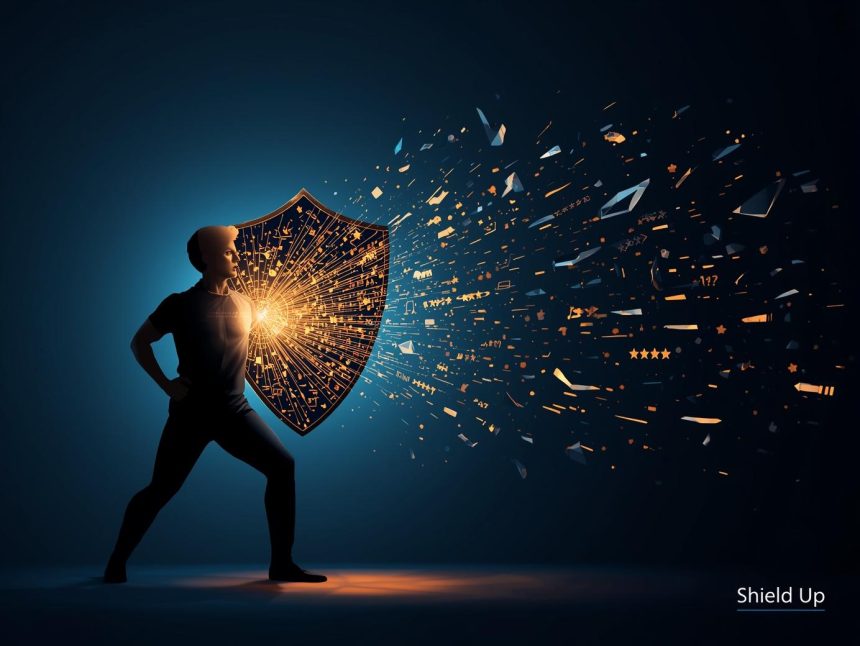 A figure holds a glowing shield made of social proof, deflecting dark shards of misinformation.