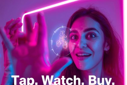 A viewer tapping a glowing product tag in an interactive video, symbolizing shoppable and immersive video marketing trends in 2025.