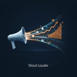 A megaphone emits glowing sound waves transforming into search, social, and review symbols, pushing a ranking bar upwards.