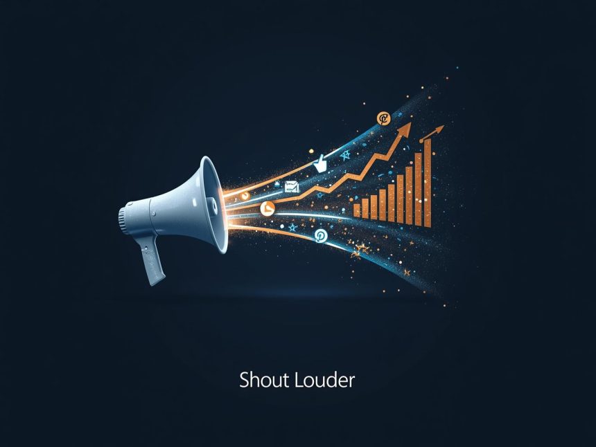 A megaphone emits glowing sound waves transforming into search, social, and review symbols, pushing a ranking bar upwards.