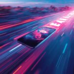 A smartphone racing through glowing digital search results with “E-E-A-T” trails, symbolizing mobile-first SEO speed, trust, and higher Google rankings in 2025.