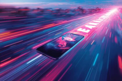 A smartphone racing through glowing digital search results with “E-E-A-T” trails, symbolizing mobile-first SEO speed, trust, and higher Google rankings in 2025.