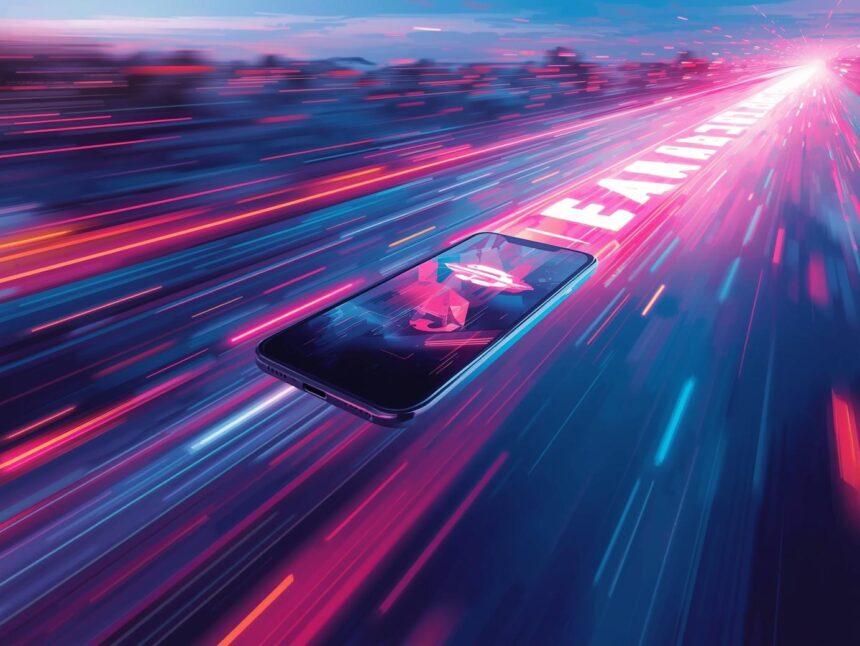 A smartphone racing through glowing digital search results with “E-E-A-T” trails, symbolizing mobile-first SEO speed, trust, and higher Google rankings in 2025.