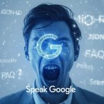 Digital marketer analyzing holographic schema markup and structured data, symbolizing the future of SEO automation and intelligent search ranking in 2025.