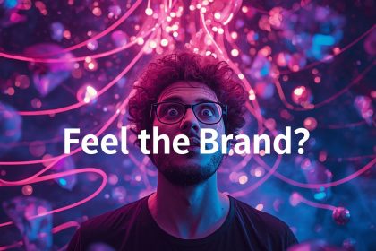 A creative marketer interacting with emotion-driven AI visuals, symbolizing the rise of intuitive AI creative tools that shape branding through feelings and vibes.