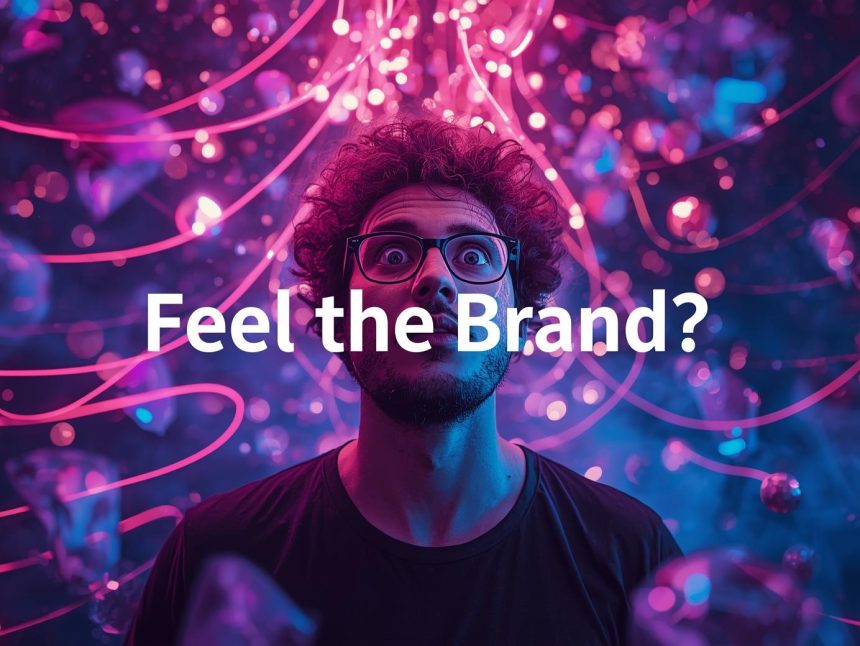 A creative marketer interacting with emotion-driven AI visuals, symbolizing the rise of intuitive AI creative tools that shape branding through feelings and vibes.