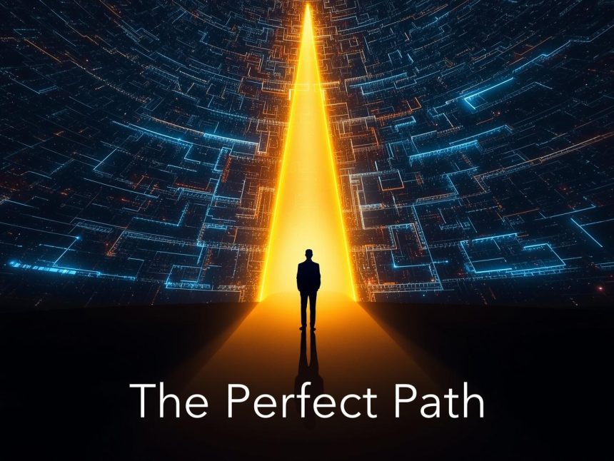 A person stands at the entrance of a digital maze, with one perfectly lit, personalized path leading to a brand.