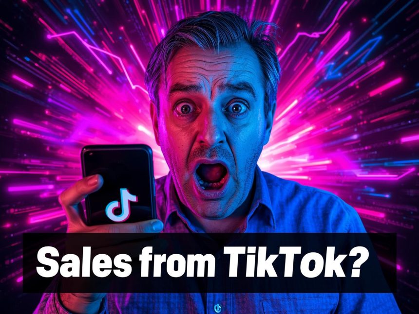 Retailer surprised by TikTok sales growth, showing phone with TikTok app and shopping icons symbolizing the rise of social commerce.