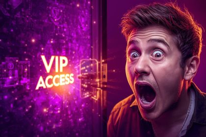 A person emotionally reacting to unlocking exclusive digital access using a token, with vibrant colors and futuristic Web3 visuals.